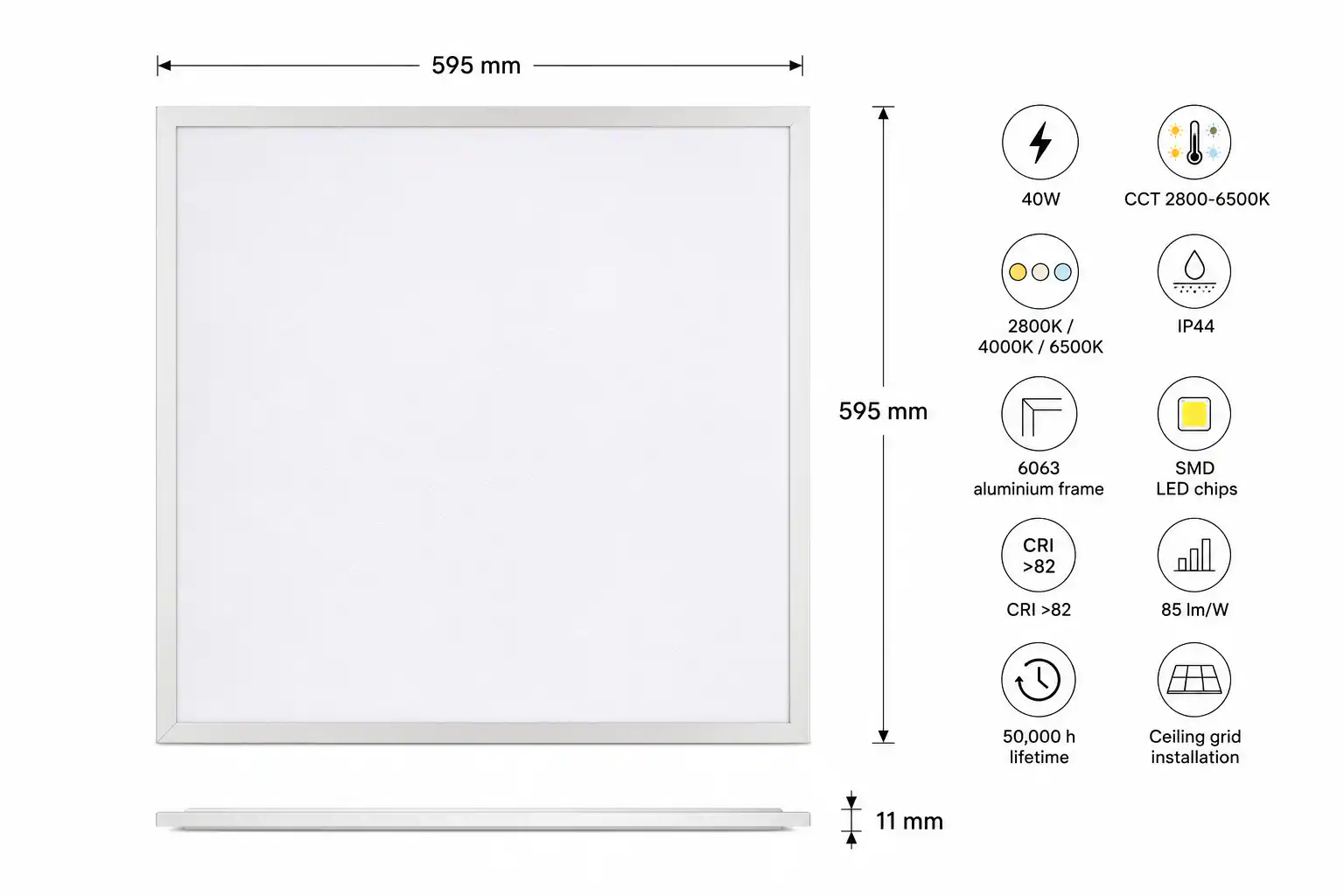 Instalace LED panelu Q-L40 595x595mm do podhledového rastru — výška 11mm, IP44